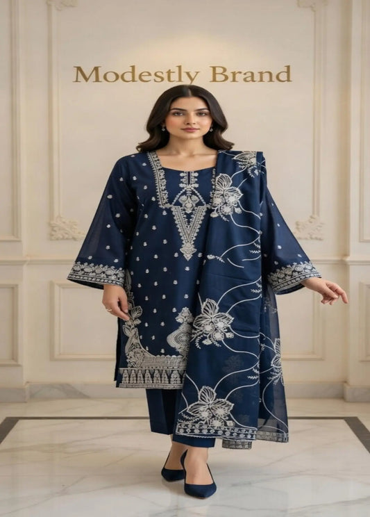 Midnight Blue Embroidered 3-Piece Luxury Lawn Modishly USA