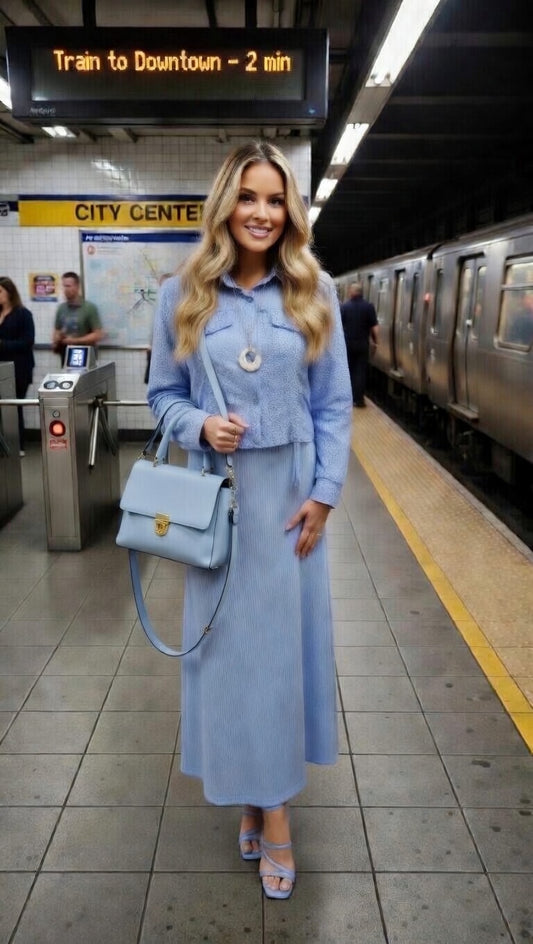 Modishly Elegant Powder Blue Two-Piece Skirt Set, A Modest Chic Matching summer Outfit for Women Modishly Outlet