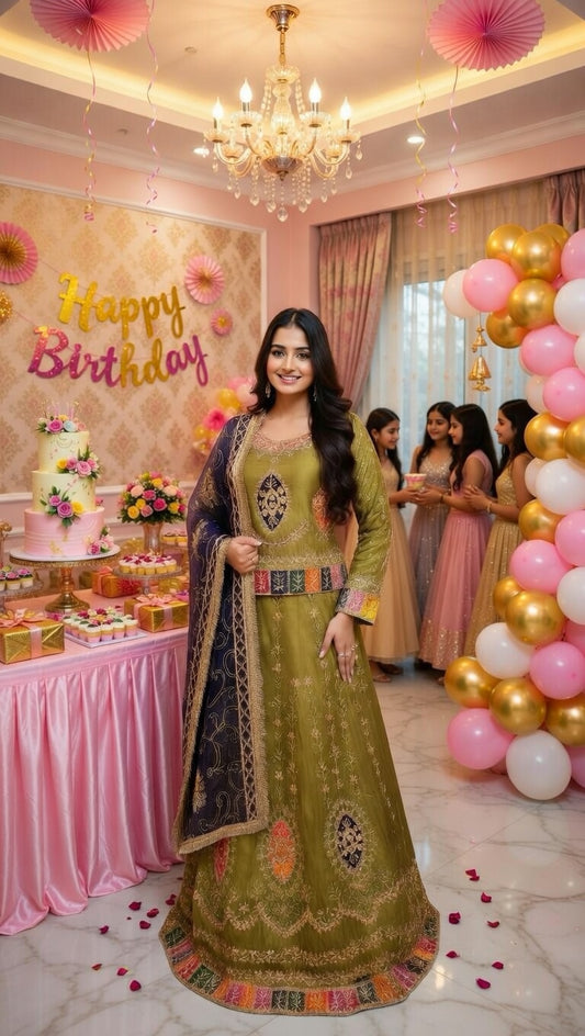 Modishly Luxe Olive green Embroidered Lehenga Choli fancy dress with beautiful Deep Purple Fancy Dupatta Modishly Outlet