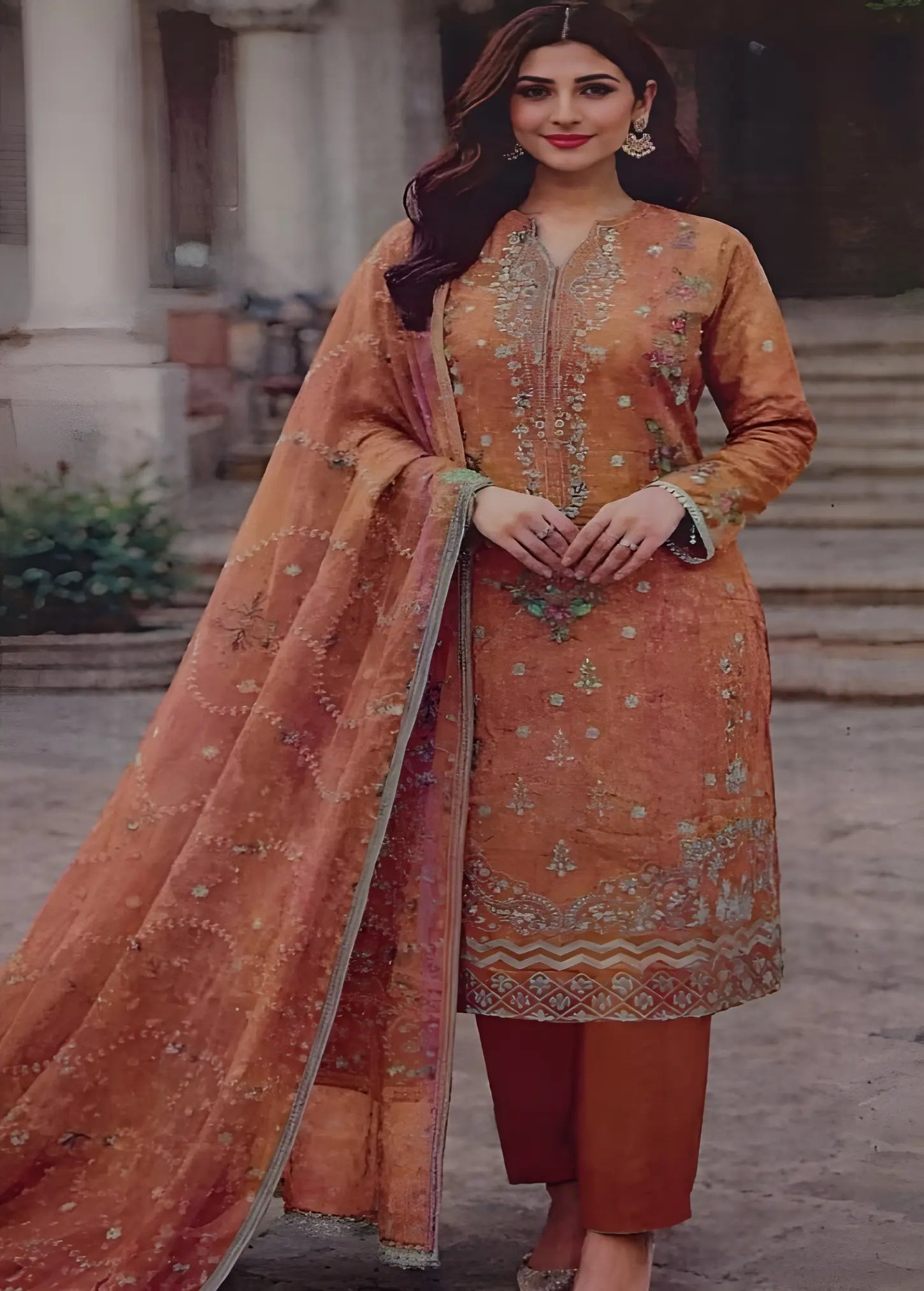 Rust Orange Embroidered 3-Piece Suit Modishly Outlet