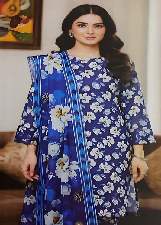 Royal Blue Floral Printed Lawn Suit – 3 Piece Stitched Modishly Outlet