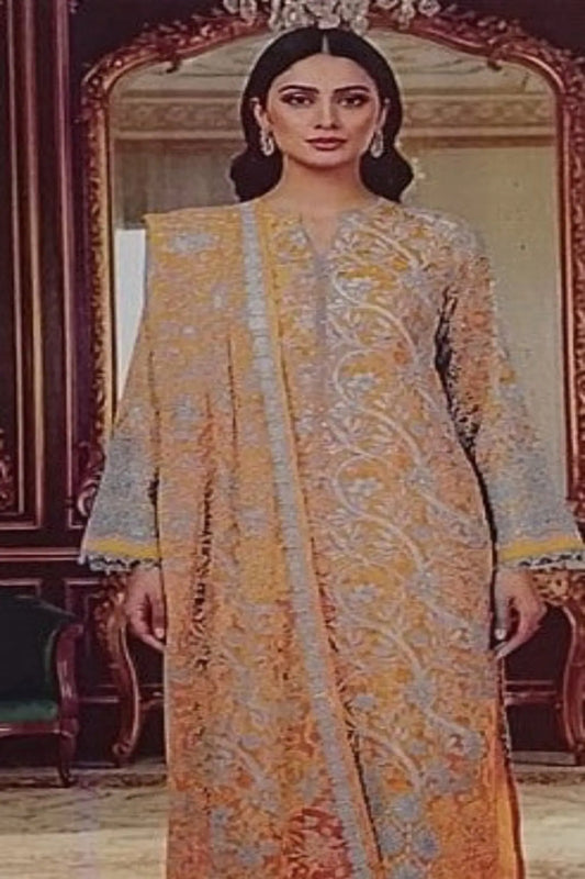 Elegant Golden Embroidered Lawn Suit – 3 Piece Stitched Modishly Outlet