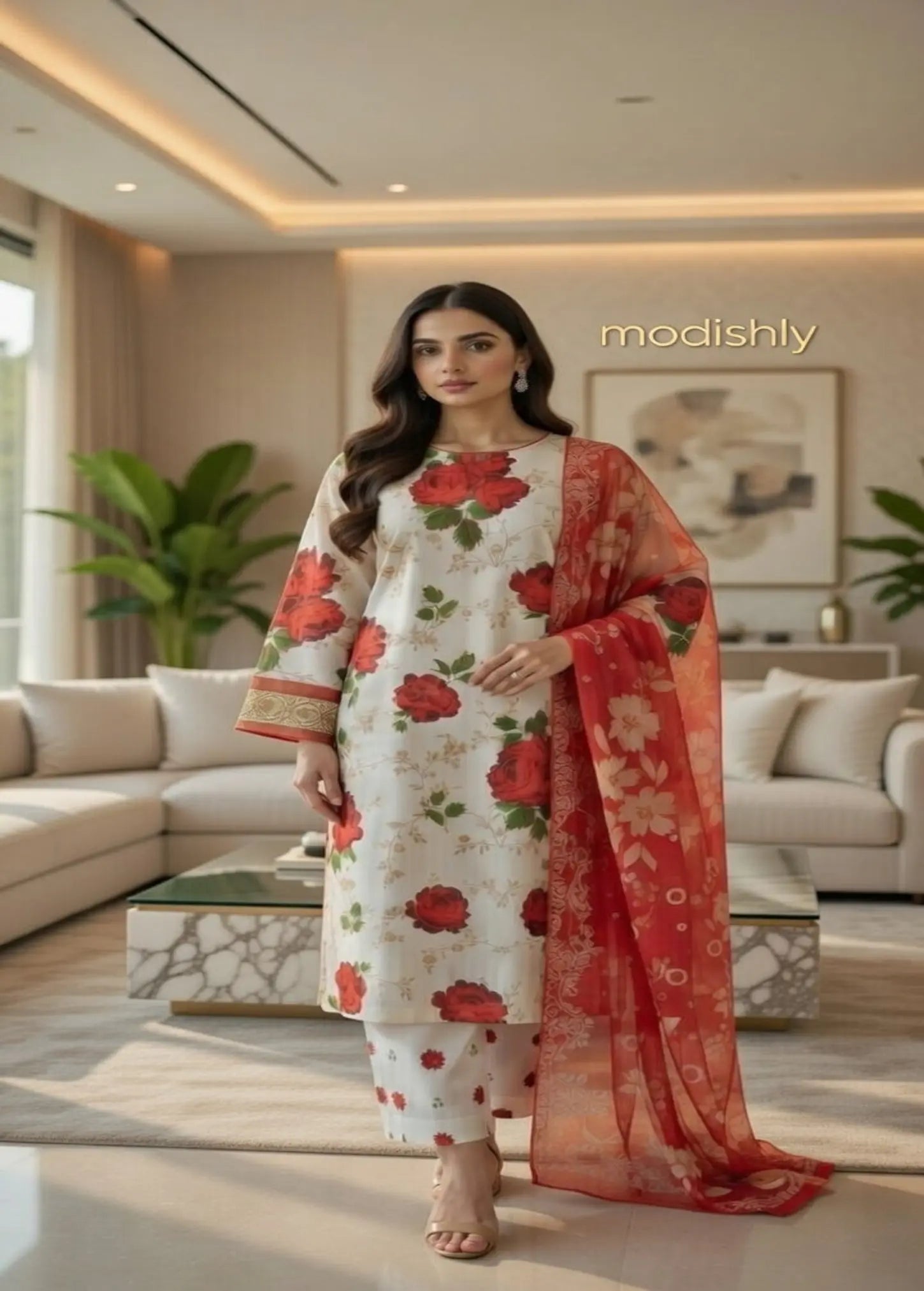 Elegant White Floral Printed 3-Piece Lawn Suit Modishly USA