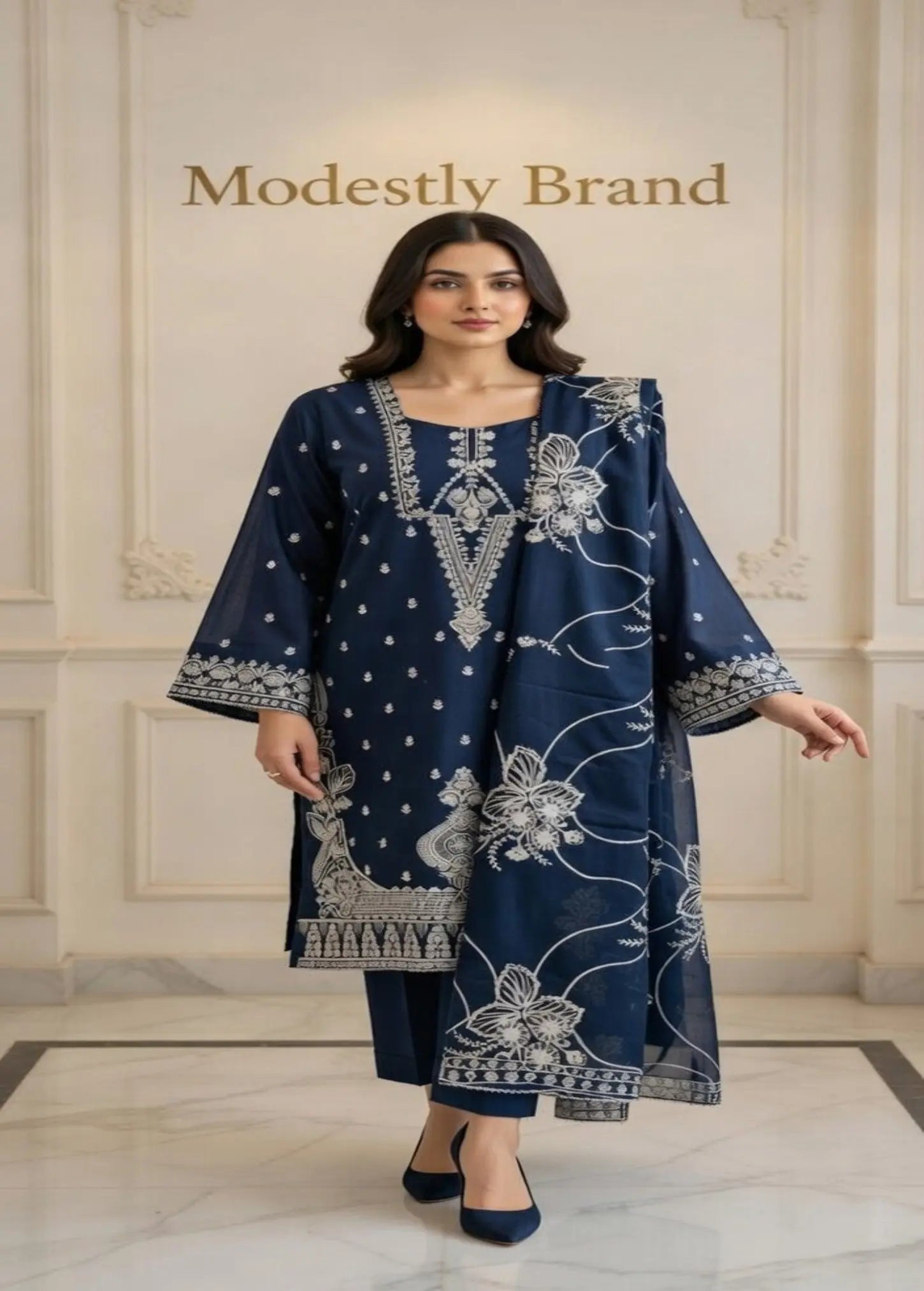Midnight Blue Embroidered 3-Piece  Luxury Lawn Modishly USA