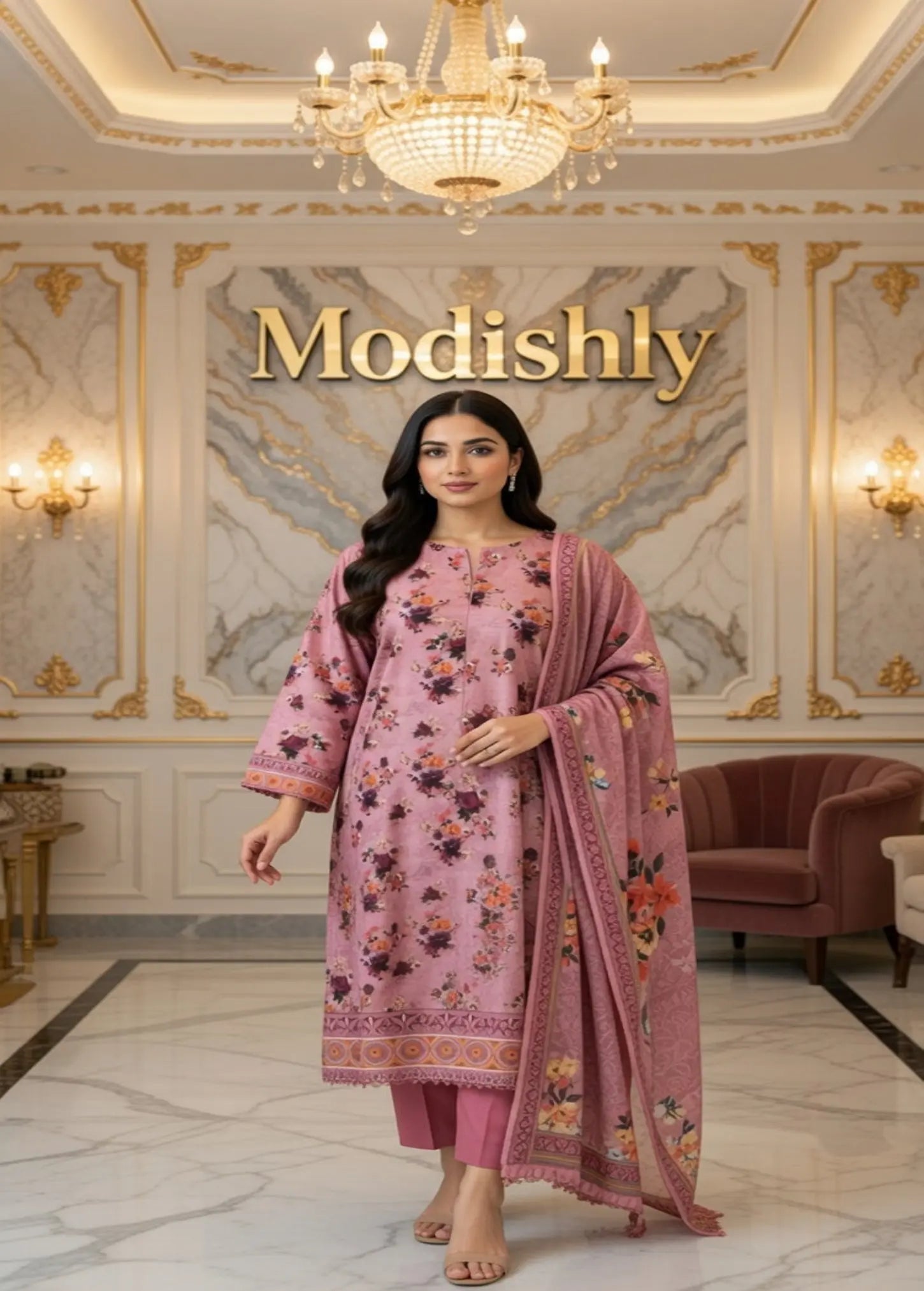 Pink Floral Print 3-Piece stitched Lawn suit Modishly USA