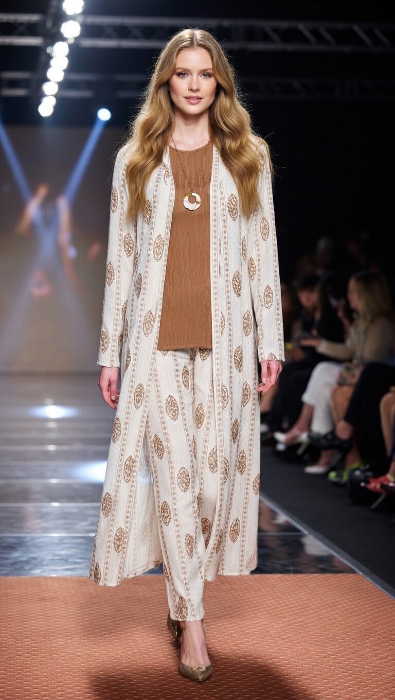 modishly 3-pIece Co-ord Set with light brown inner top & printed white trouser & long shrug in jersey  Fabric. Modishly USA