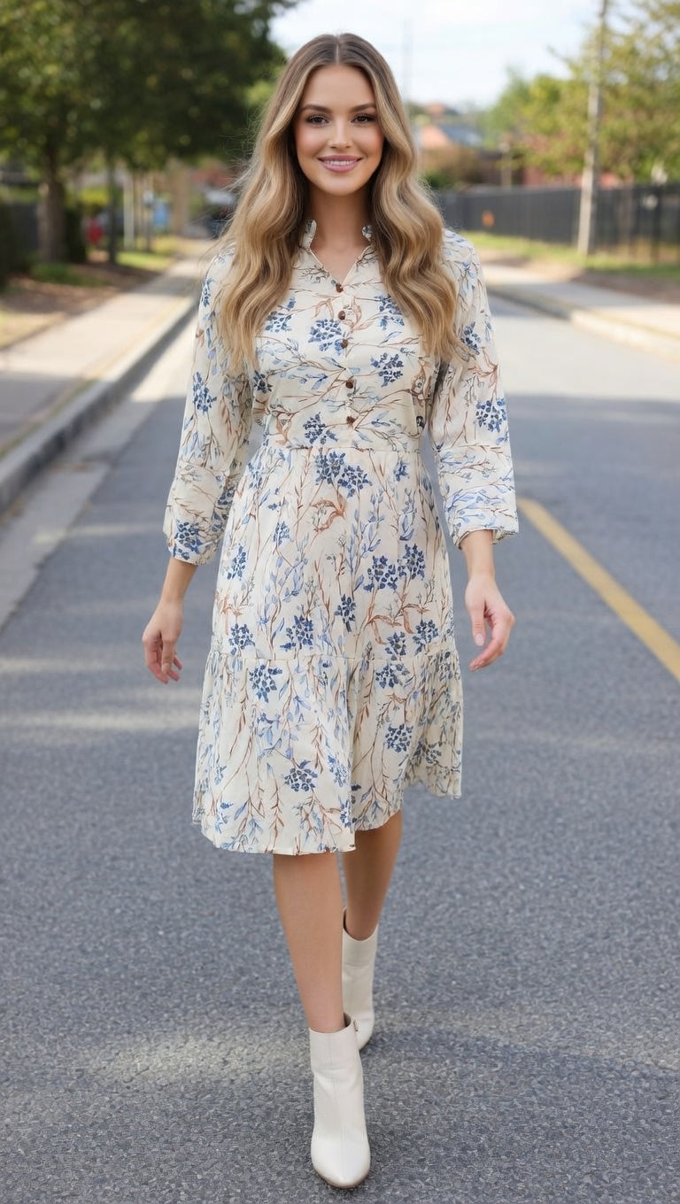 Image ALT Text

Woman wearing Modishly elegant soft cream floral midi dress with botanical print and modest feminine fashion style
