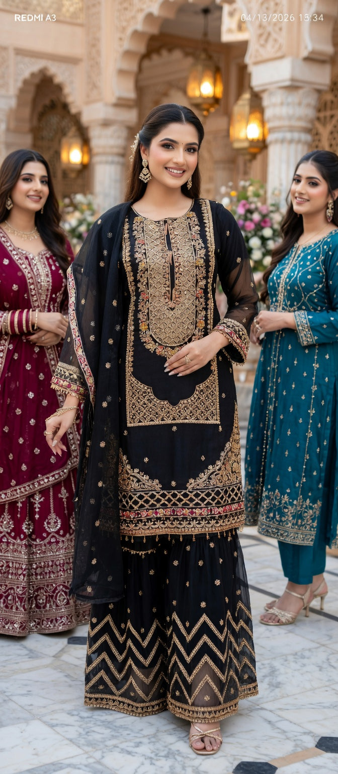 Modishly Luxury Black Embroidered Festive Sharara 3-Piece Suit. Modishly USA