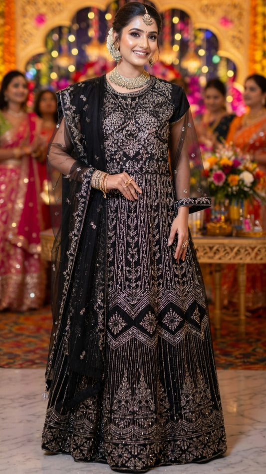 Modishly Fully Embraided 3-pice Black color long luxury Maxi for festive occasion. Modishly USA