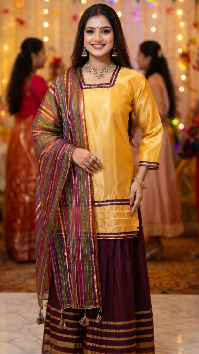 Modishly Ready to wear Festive 3-piece Festive Sharara Kurti set with Dopata. Modishly USA