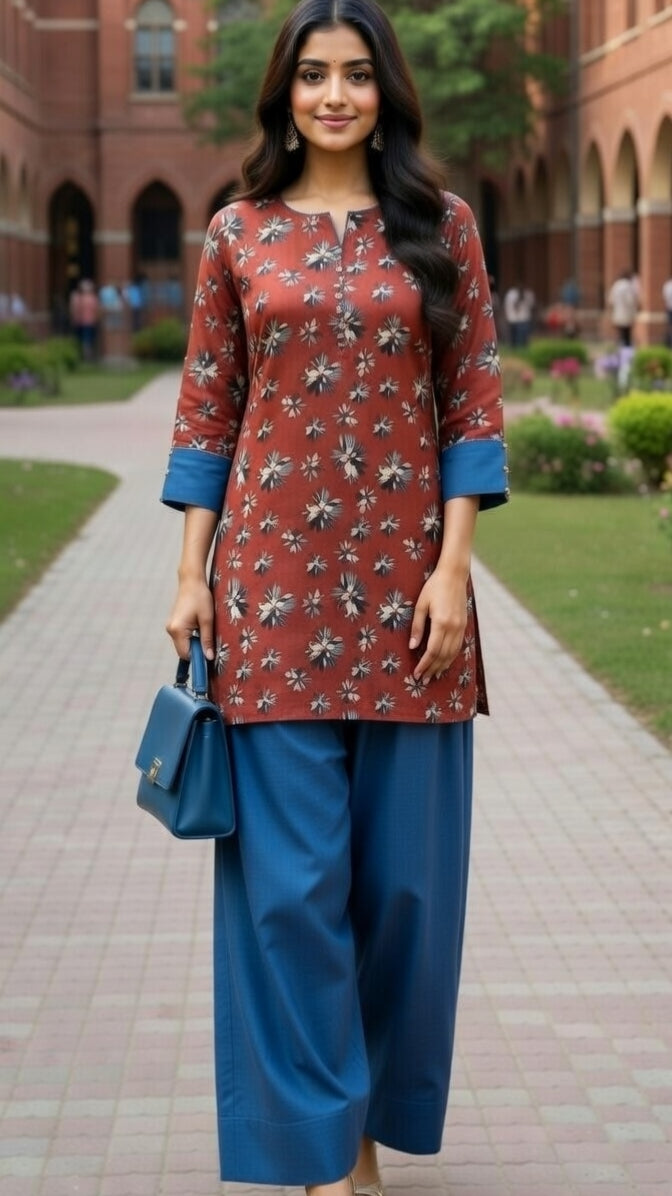 Modishly 2-piece Rust Floral Kurta with Teal Wide-Leg Farshi shalwar. Modishly USA