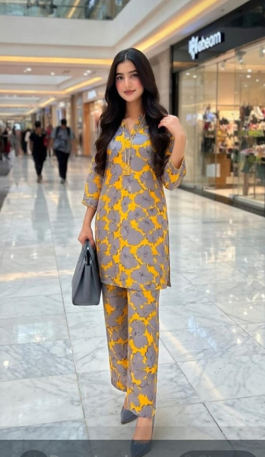 Yellow Grey Floral 2 Piece Summer Co-Ord Set | Breathable Women’s Matching Set | Modest Casual Outfit" Modishly Outlet