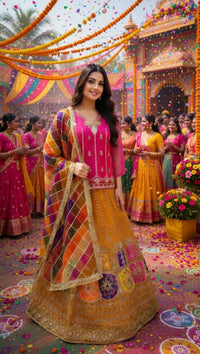 Modishly Pink & Mustard Embroidered Silk Lehenga Choli with Multicolor fancy Net Dupatta Modishly Outlet