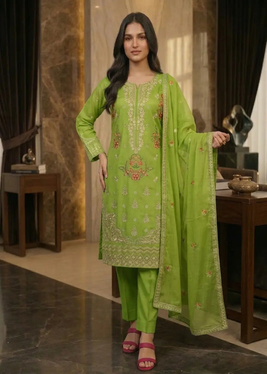 Green Festive Embroidered Ensemble Modishly USA